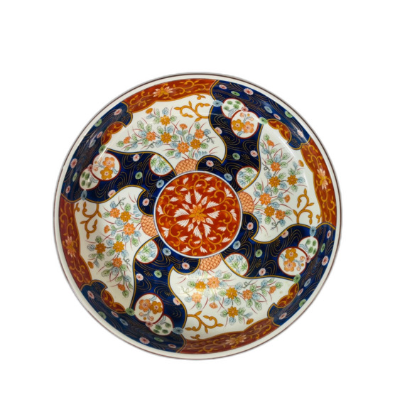 OMC Japan Hand Painted Shallow Bowl Blue Red White - Picture 3 of 7